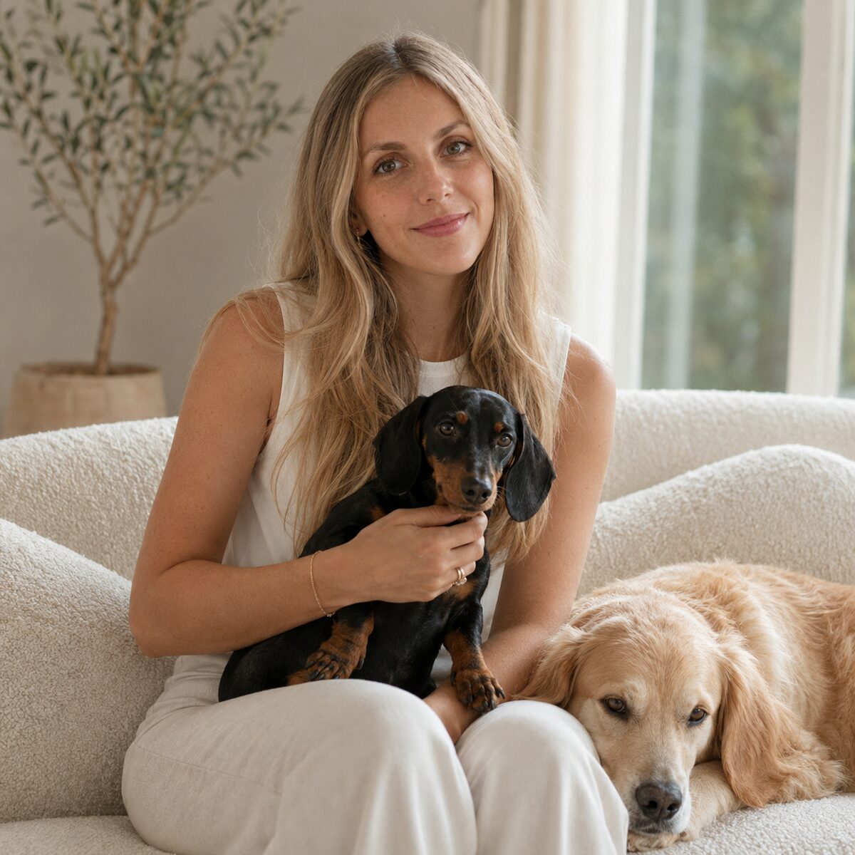 Perle Roche, founder of Ulysse, sitting in natural light with two healthy dogs